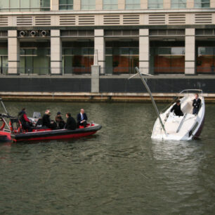 Ephemeral Elegance of Julien Berthier’s Floating Yacht Sculpture at Canary Wharf